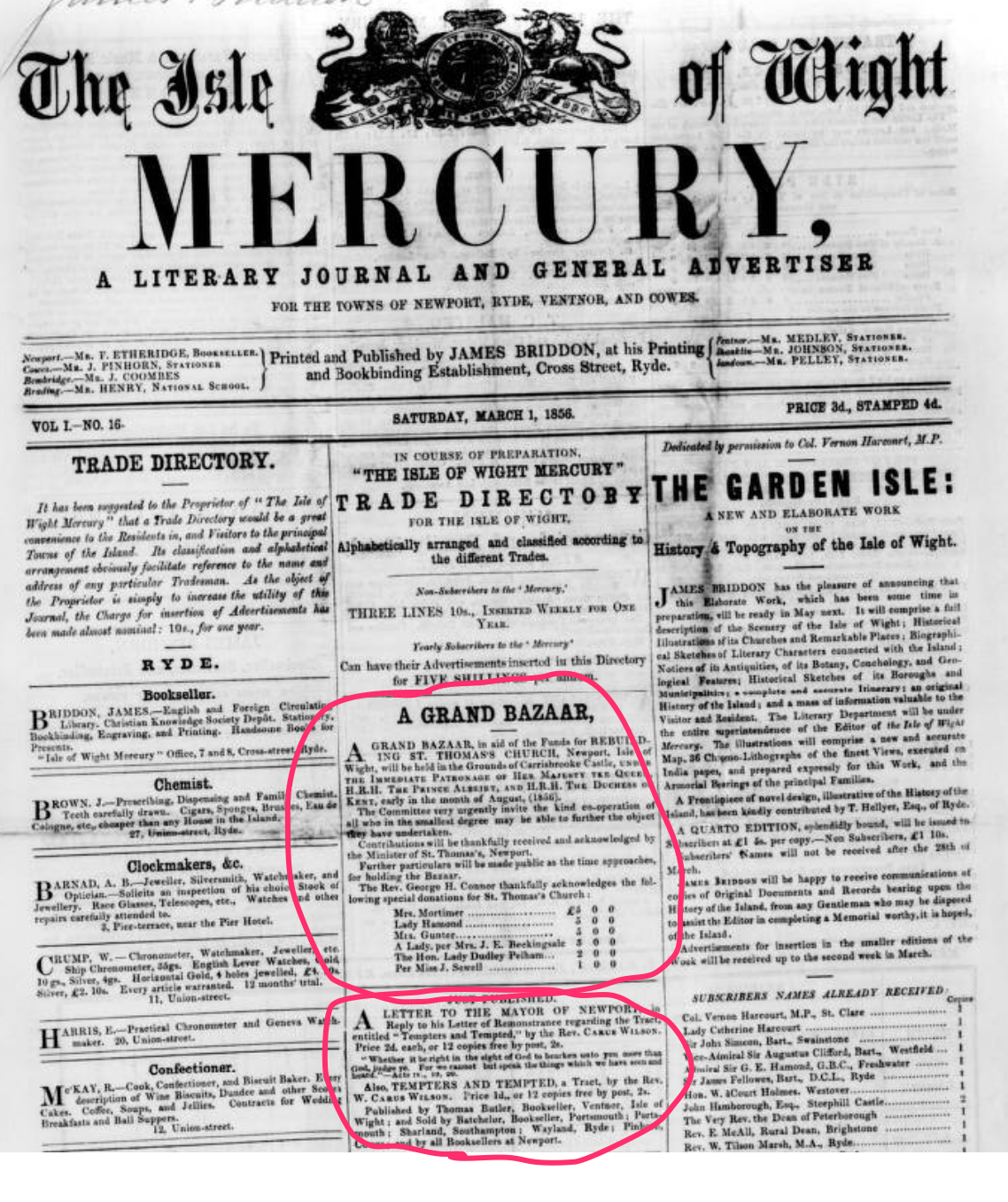 Front page of Isle of Wight Mercury - Saturday 01 March 1856 - showing one advert for the Bazaar in aid of Church Building Fund, immediately followed by another for Carus Wilson's tracts