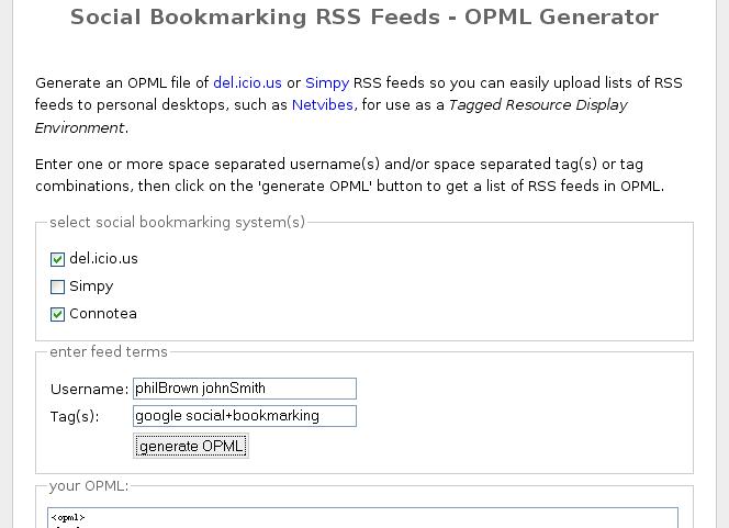 Social Bookmarking Systems OPML Generator