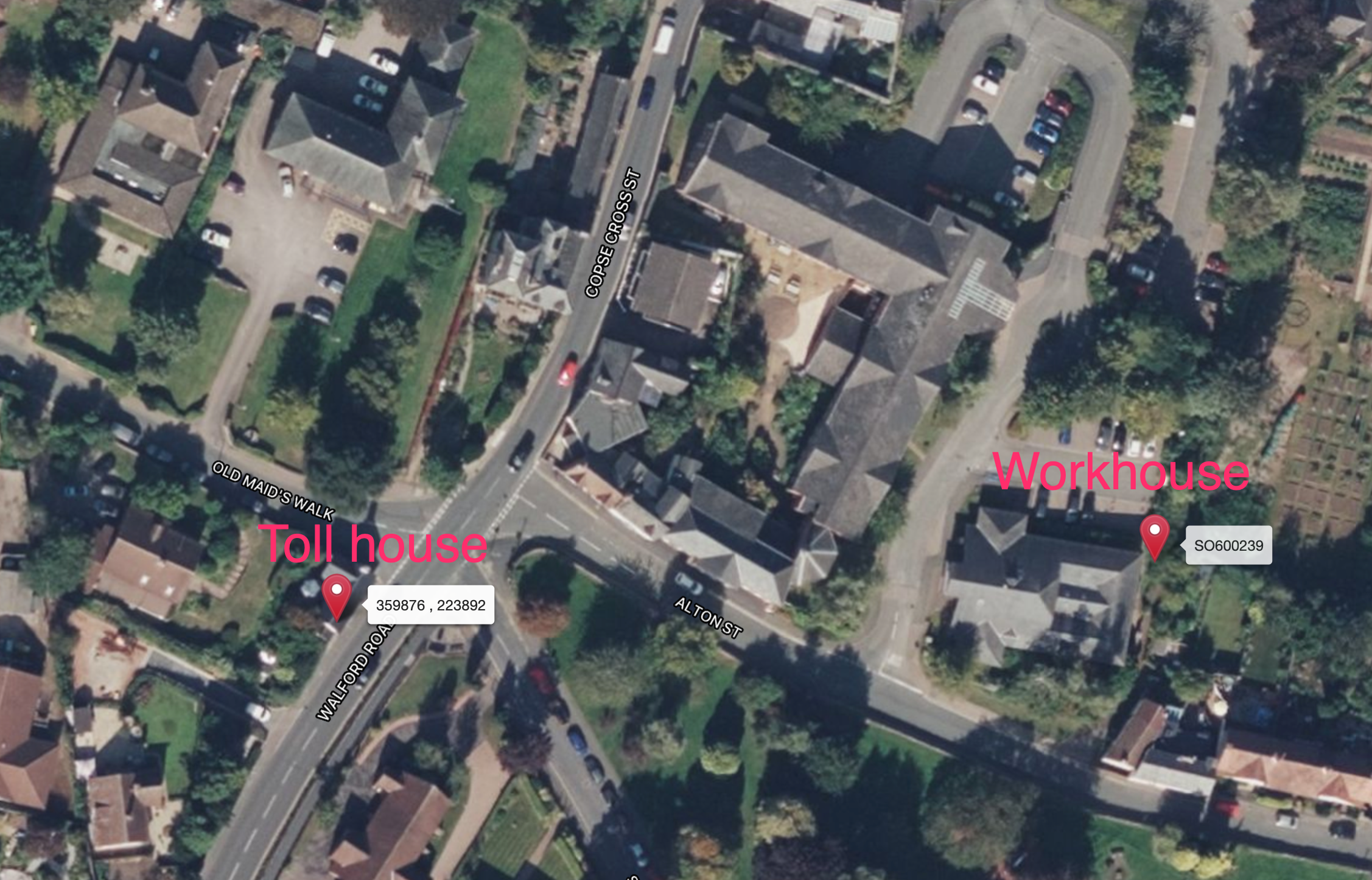 An aerial view of the crossroads today, showing the site of the old workhouse and toll house. Alton Street is Old Town Street.