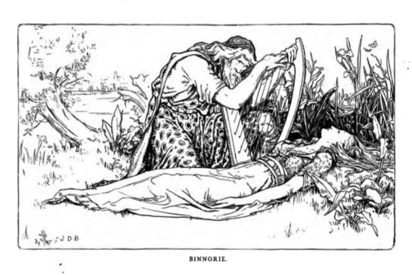 Binnore / Twa Sisters: harper kneeling next to body of maiden