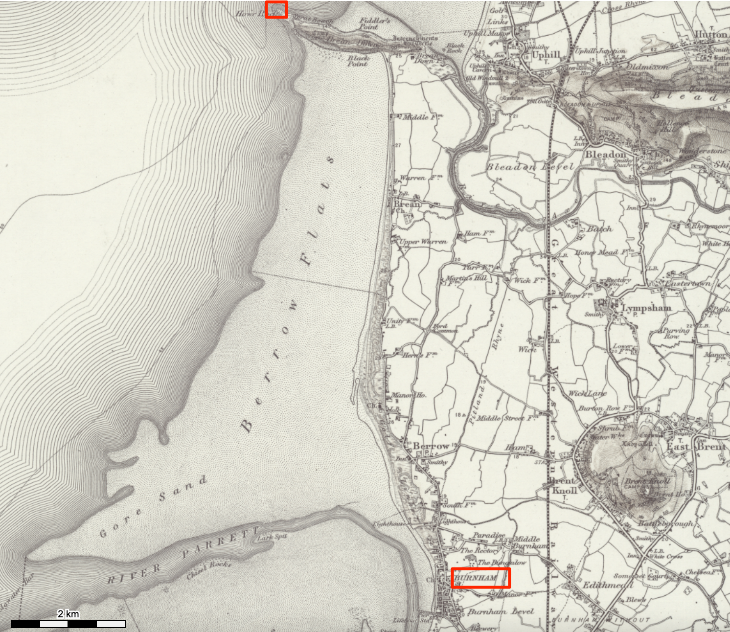 Brean Down to Burhnam, OS map https://maps.nls.uk/geo/explore/print/#zoom=12.5&lat=51.28964&lon=-2.94475&layers=161&b=ESRIWorld&o=100