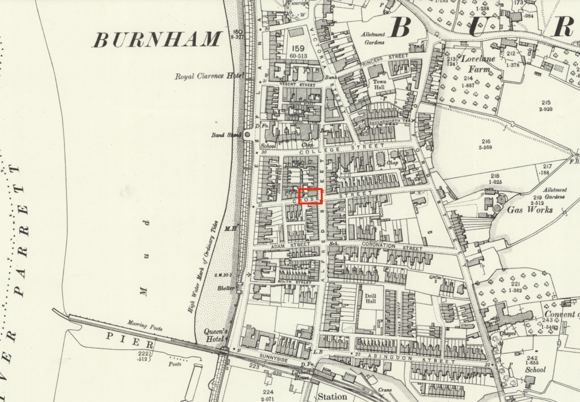 Commercial Hotel location, High Street, Burnham, OS Map https://maps.nls.uk/geo/explore/print/#zoom=16.7&lat=51.23668&lon=-2.99782&layers=168&b=ESRIWorld&o=100 