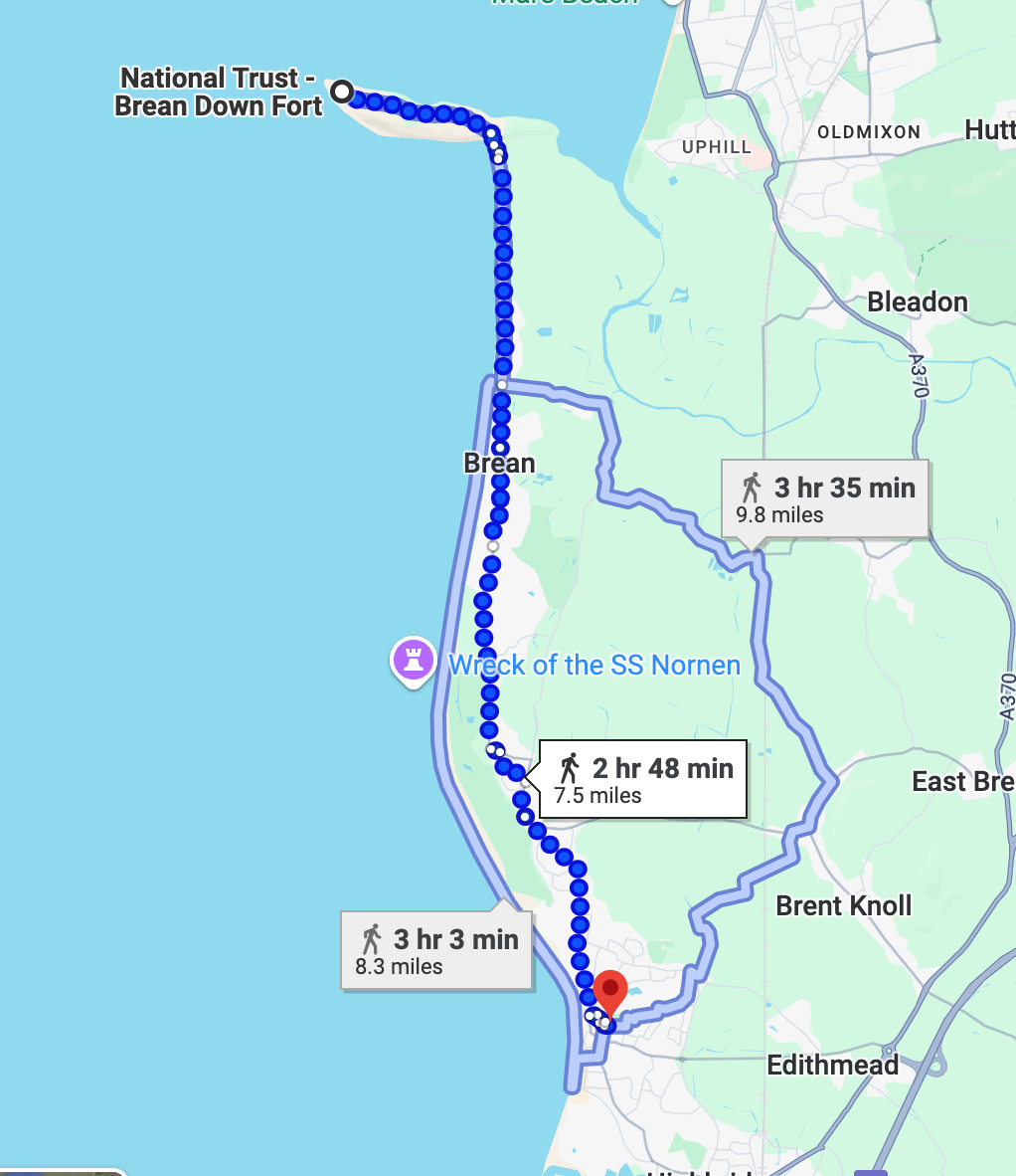 Brean Down fort to Burnham, walking route by Google Maps