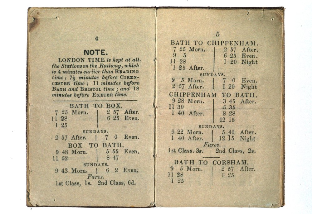 Pages from 'The New Great Western Railway Timetable, Alteration of trains for the summer 1844'. Science Museum Group https://www.sciencemuseum.org.uk/objects-and-stories/standardising-time-railways-and-electric-telegraph