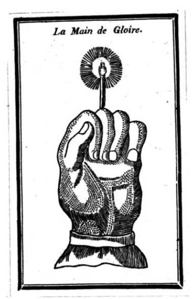 "La Main de Gloire". Hand, pointing up, first clenched, with lit candle held between fingers. Image mirrors that found in Petit Albert