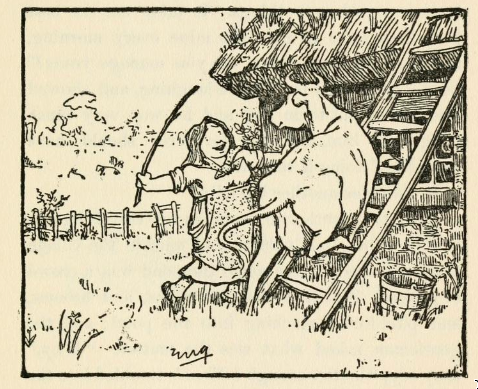 Cow being encouraged onto thatched roof